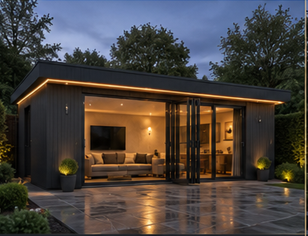 The Lounge luxury SIP garden room with modern cladding, wide glazing and warm exterior lighting