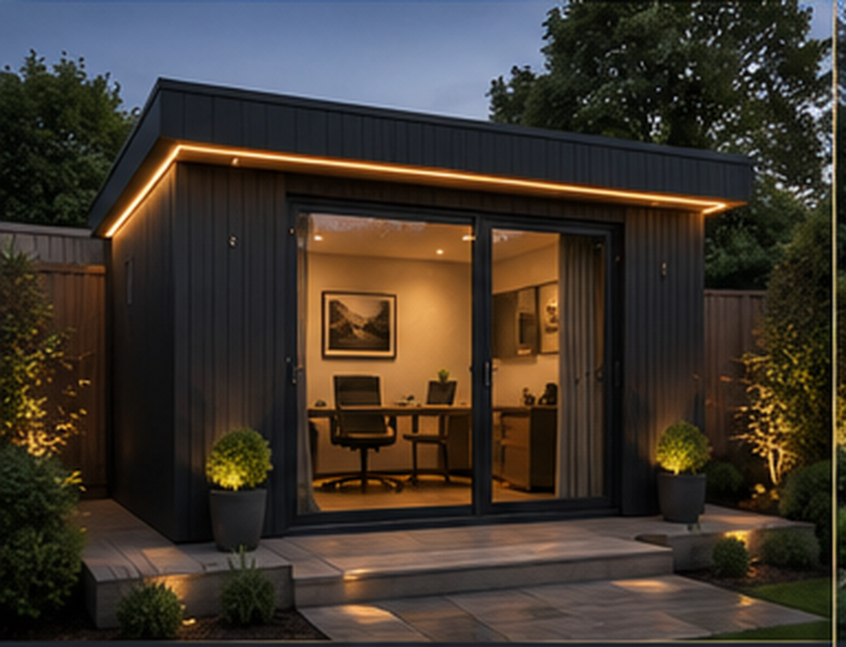 The Studio luxury SIP garden office with modern cladding, slim glazing and warm exterior lighting